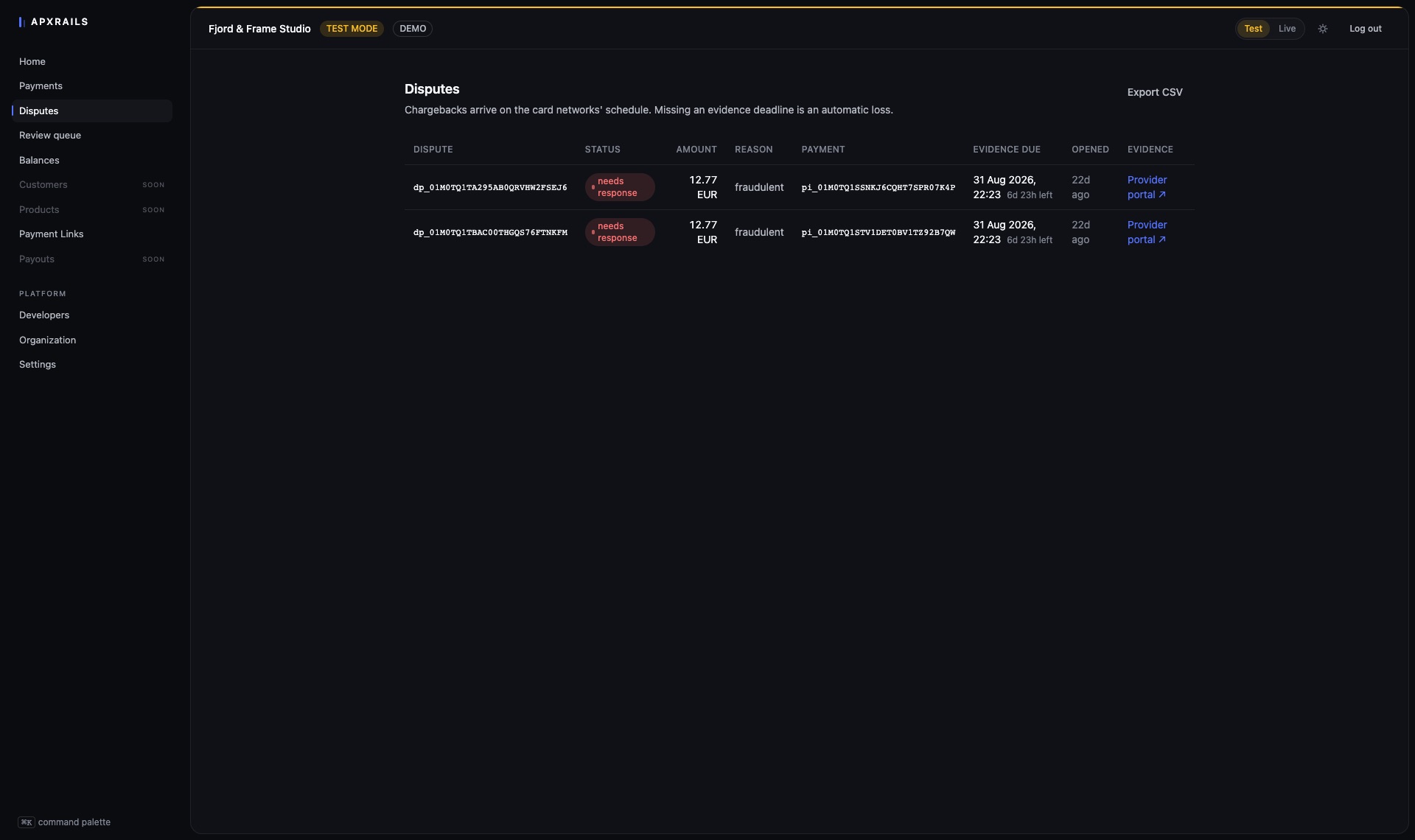 Disputes in the APXRAILS dashboard — seeded test-mode data