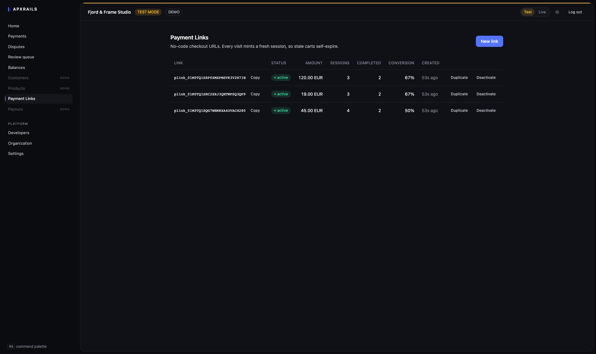 Payment links in the APXRAILS dashboard — seeded test-mode data