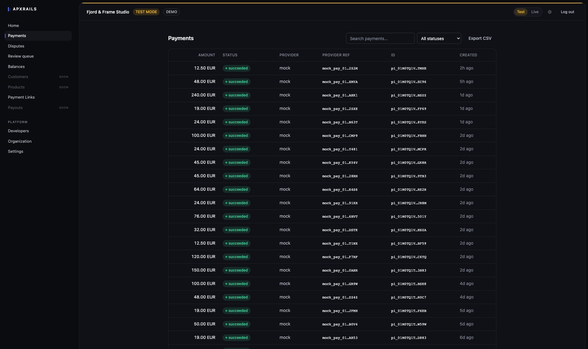 The payments queue in the APXRAILS dashboard — seeded test-mode data