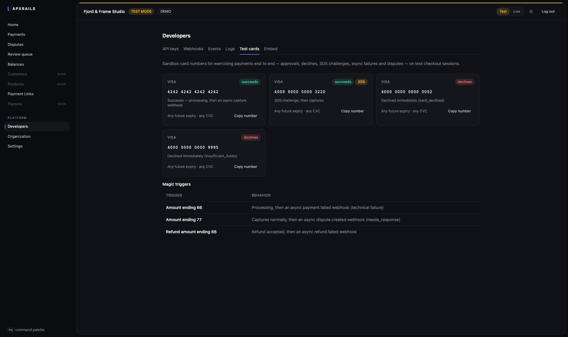 Test cards in the APXRAILS dashboard — sandbox card numbers and magic triggers